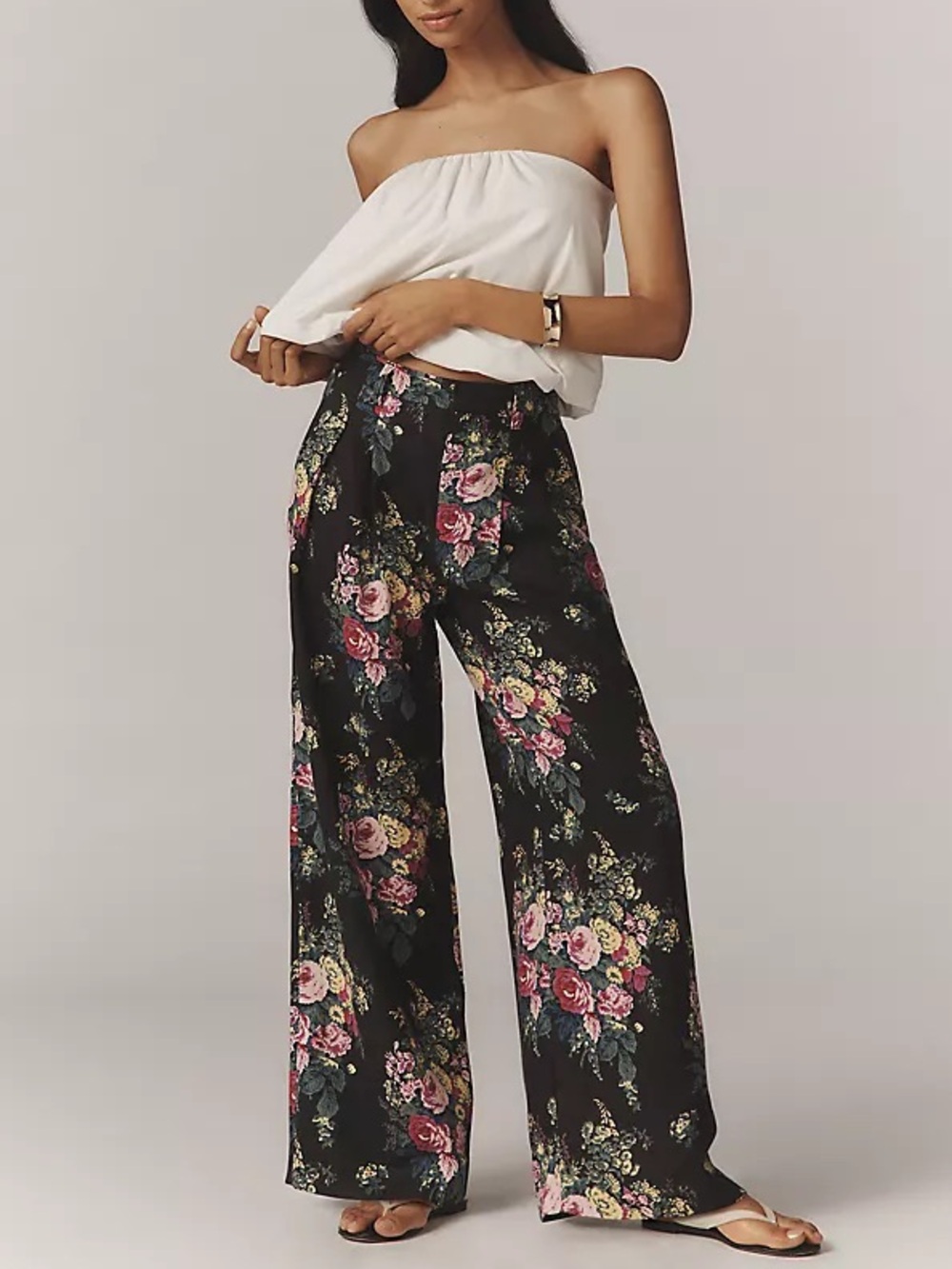 Maeve Black Wide-Leg Pants with Pink and Cream Floral Print